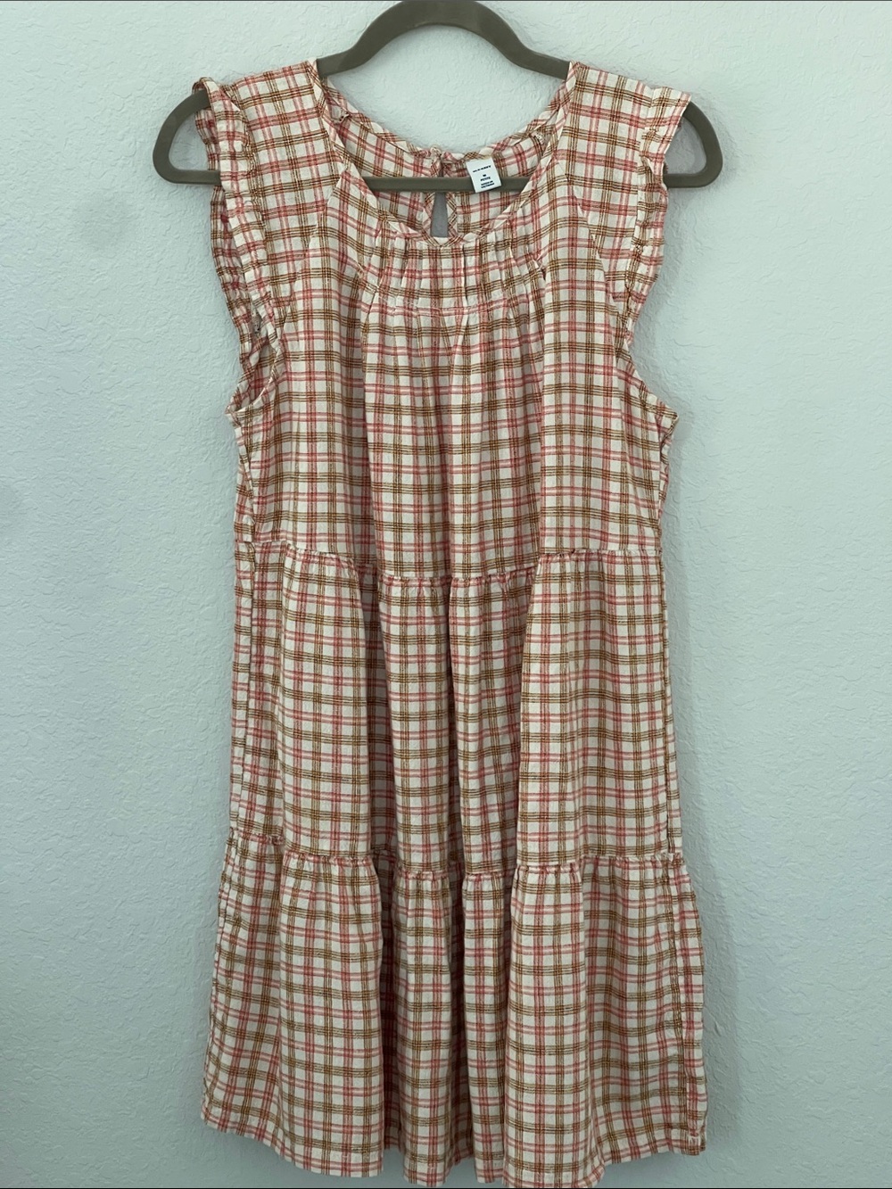 Old Navy Petite M Linen Blend Plaid Tiered Mini Dress Rust Cream Cottagecore